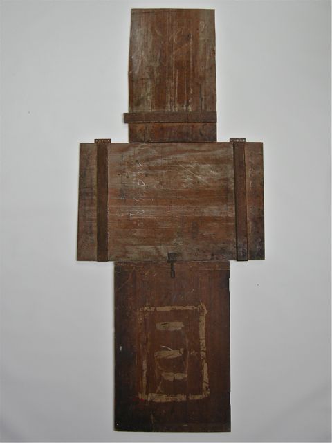 '929', 2014 , wood, iron, paper, chalk,(parts of a workshop cabinet), 78 x 178 cm